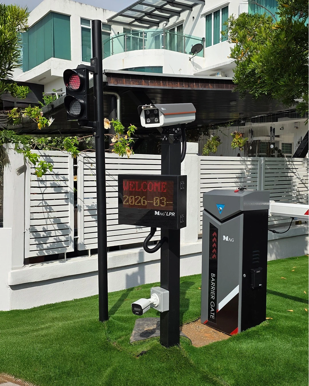LPR system camera and barrier gate installed at a residential property entrance for automatic vehicle access control by Gprop Systems.